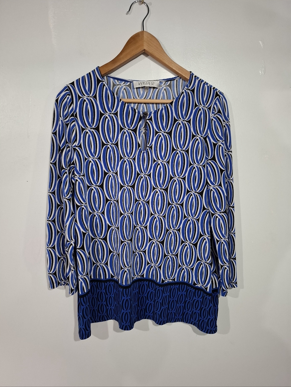Kasper Womens Blue White Oval-Pattern Blouse Sz M Blue Keyhole Soft Career Ofice